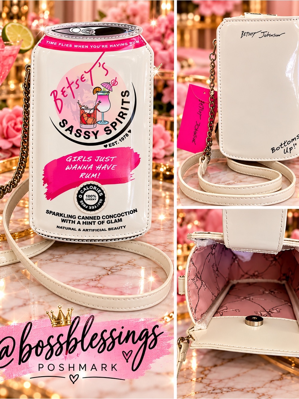 💖 Betsey Johnson Sassy Spirits Can Crossbody Bag – White & Pink 🍹✨
